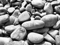 Oval stones, large smooth sea pebbles, illuminated by the summer sun. The word sea is written on the stone. Summer Royalty Free Stock Photo