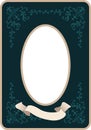 Oval vintage style frame with ornamental motifs and blank banner for text