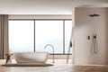 Beige panoramic bathroom with oval white ceramic bathtub and shower cabin