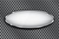 Oval white button with chrome frame. 3d icon on metal perforated background