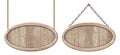 Oval wooden board made of natural wood and with bright frame hanging on ropes and chains