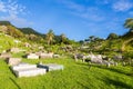 Ovalau, Fiji. Hillside cemetery with summer lush green lawns, palms, blue sky and old gravestones, Ovalau island, Fiji, Melanesia. Royalty Free Stock Photo