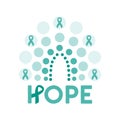 Ovarian and Cervical Cancer Awareness Month illustration. Teal ovarian cancer ribbon with hope phrase and rainbow. Cancer