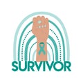 Ovarian and Cervical Cancer Awareness Month illustration. Teal cancer ribbon on raised fist and rainbow. Cancer survivor phrase.