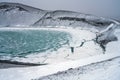 Ovelooking ice covered Viti volcanic crater near Krafla geothermal area in Iceland. Royalty Free Stock Photo