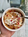 Oven Baked Artisan Granola with Yogurt, Dried Strawberries and Chia Seeds in Bowl. Holding in Hand Royalty Free Stock Photo