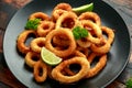 Oven baked breaded calamari rings served with lime wedges, sweet chilli sauce and mayonnaise Royalty Free Stock Photo