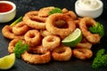 Oven baked breaded calamari rings served with lime wedges, sweet chilli sauce and mayonnaise Royalty Free Stock Photo