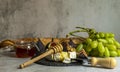 Oven baked Camembert, branch of green grapes, figs, honey, red currant, wine Royalty Free Stock Photo