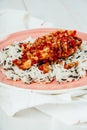 Oven Baked Chicken With Red And Yellow Pepper And Rice Royalty Free Stock Photo