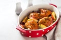 Oven baked chicken thighs in a cooking tray close up Royalty Free Stock Photo