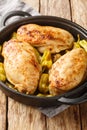 Oven Baked Mississippi Chicken with ranch seasoning, dried au jus gravy mix and pepperoncini peppers closeup on the pan. Vertical Royalty Free Stock Photo