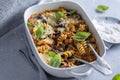 Oven baked pasta with vegetables and mushrooms Royalty Free Stock Photo