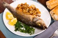 Oven baked sea bass fish Royalty Free Stock Photo