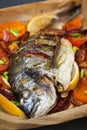 Oven baked whole sea bream fish with vegetables Royalty Free Stock Photo