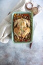 Oven bakes chicken with veggies and mushrooms Royalty Free Stock Photo