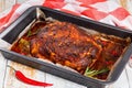 Oven-Barbecued Pork shoulder grilled in roasting pan Royalty Free Stock Photo