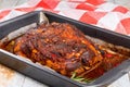 Oven-Barbecued Pork shoulder grilled in roasting pan Royalty Free Stock Photo