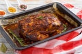 Oven-Barbecued Pork shoulder grilled in roasting pan Royalty Free Stock Photo