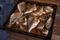 Oven cooked bream in a tray Royalty Free Stock Photo