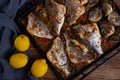 Oven cooked bream in a tray Royalty Free Stock Photo