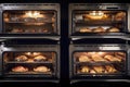 oven with food in different stages of heating, from raw to baked goods