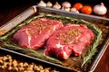 oven-fresh beef roast with garlic bits and whole rosemary branches on a baking tray