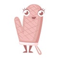 Oven mitt pink color mascot. Cartoon character design. Protective fabric tissue cloth with square pattern. Flat 