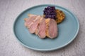 Oven roasted Duck breast in blue plate