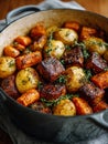 Oven-roasted potatoes and carrots with herbs in a rustic dish. Royalty Free Stock Photo