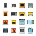 Oven stove furnace fireplace icons set, flat style