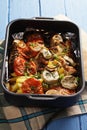 Oven tray with baked chicken with vegetables