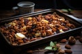 oven tray with freshly baked granola clusters