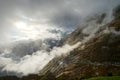 Over the clouds in high mountains, Pyrenees, foggy and cloudy Royalty Free Stock Photo