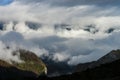 Over the clouds in high mountains, Pyrenees, foggy and cloudy Royalty Free Stock Photo