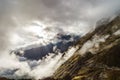 Over the clouds in high mountains, Pyrenees, foggy and cloudy Royalty Free Stock Photo