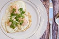Over-easy eggs with fresh slasa and coffee Royalty Free Stock Photo
