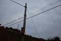 Over head cables held by pylons with a cloudy sky as background Royalty Free Stock Photo