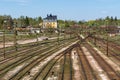 Over head view of railroad tracks splitting up at a railway stat