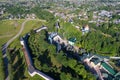 Over Holy Dormition Pskov-Caves Monastery aerial survey. Pechory, Russia Royalty Free Stock Photo