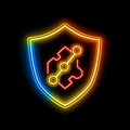 Over a network connection line, a neon cyber security warning sign glows, featuring data protection shields Royalty Free Stock Photo