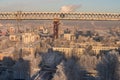 Over the residential area of the city. Winter bright sunny day. Royalty Free Stock Photo