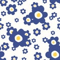 Large Blue Retro Graphic Daisies Blooms on White Background Vector Seamless Pattern