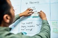 He is all about the calculations. Over the shoulder shot of a focused young businessman putting a sticky note on a white Royalty Free Stock Photo