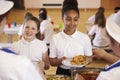 Over shoulder view of girls being served in school cafeteria