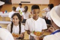 Over shoulder view of kids being served in school cafeteria