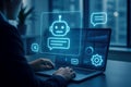 Over the shoulder view of a person interacting with an AI chatbot interface on a laptop computer Royalty Free Stock Photo