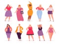 Over size woman. Adult fat people curvy in casual clothes vector persons cartoon characters