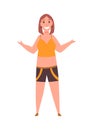 Over size woman. Adult lush lady in sport clothe flat cartoon style. Female character with overweight. Vector person