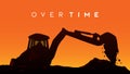 Over time on site worker work exavator sillhouette sunset vector illustration